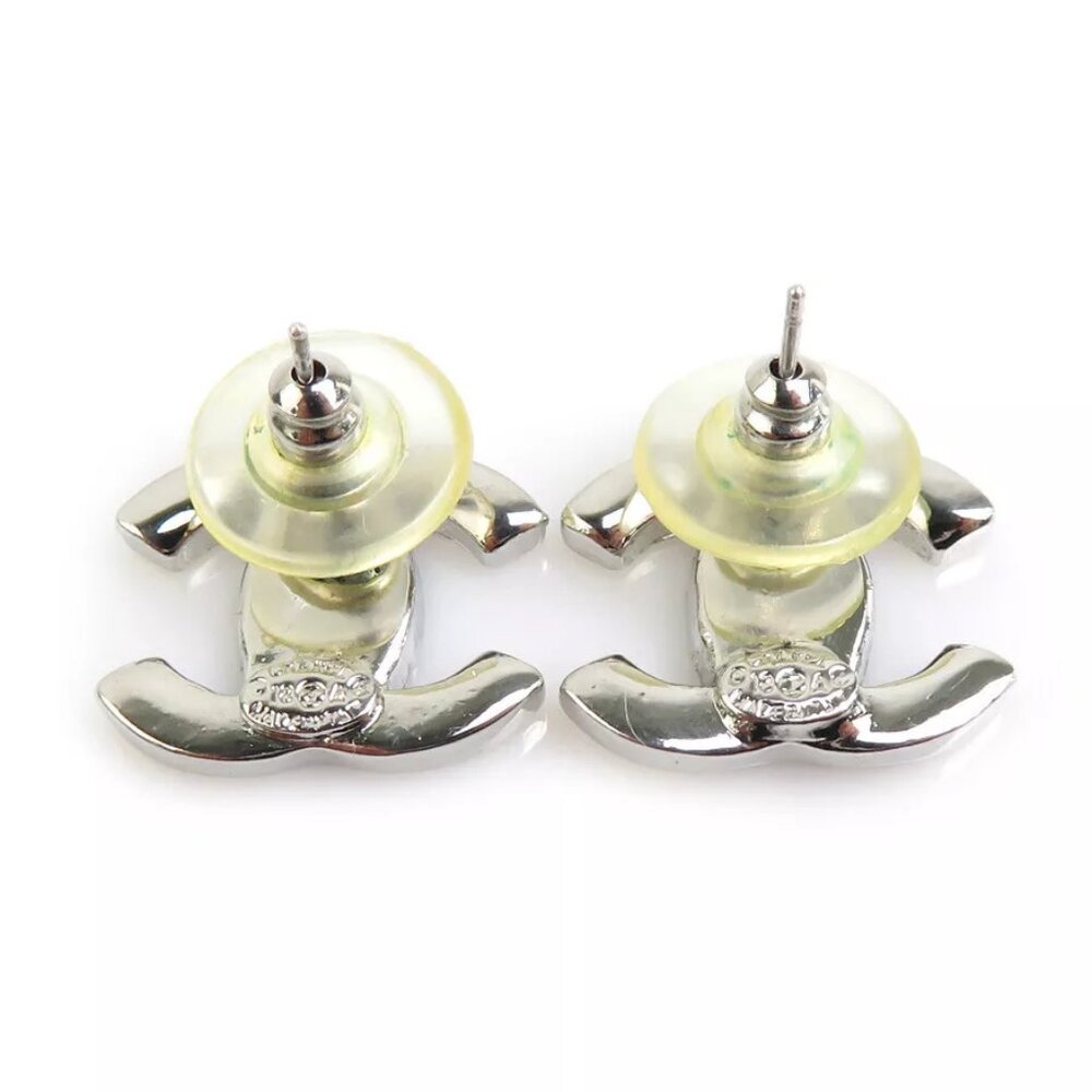 Auth CHANEL CC Logo Pierce Earrings Silver Navy/White - Picture 2 of 8